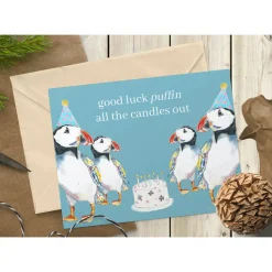 Jen Winnett Greeting Cards-Good Luck Puffin All the Candles Out Eco-card