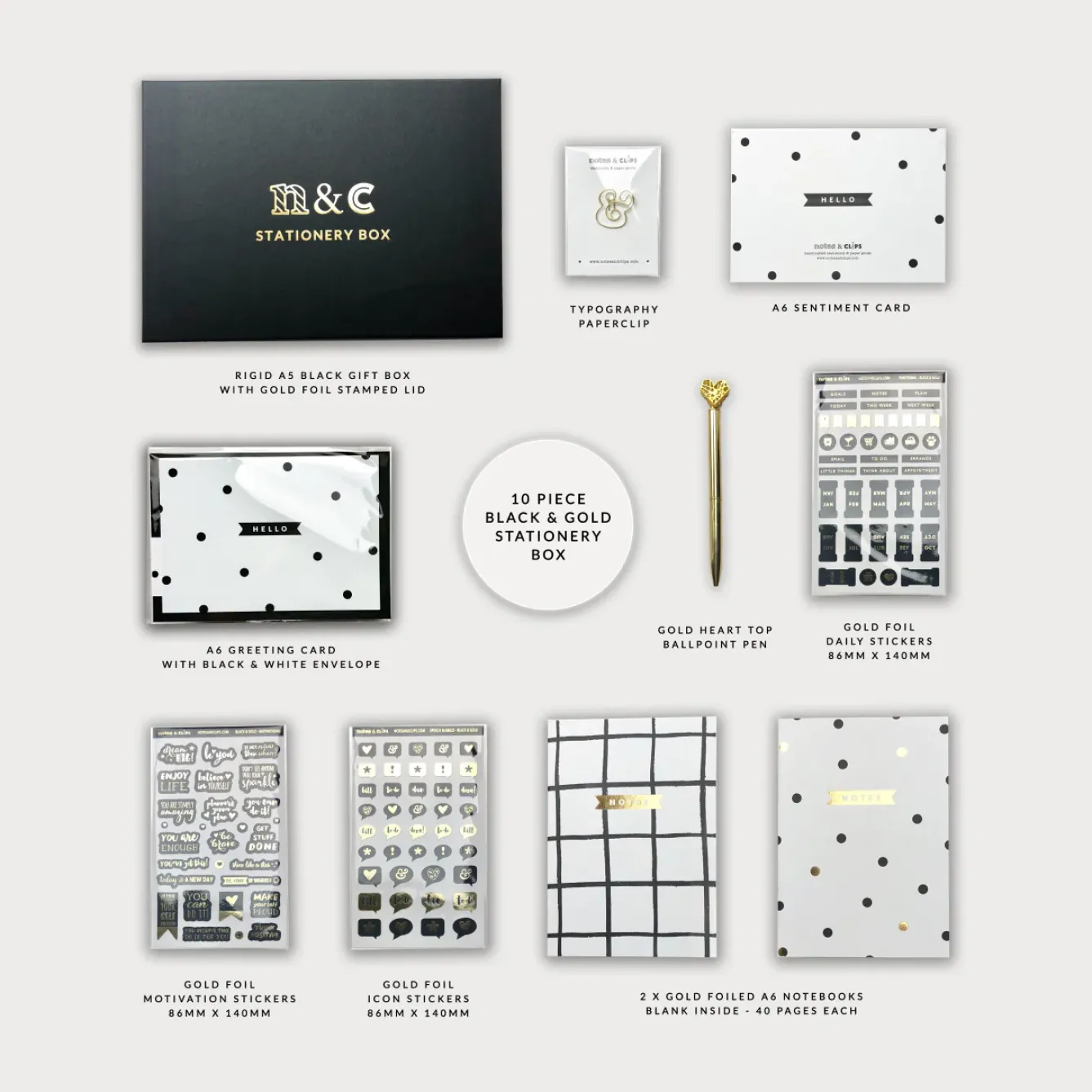 Notes & Clips Stationery-Notes & Clips Black & Gold Stationery Box