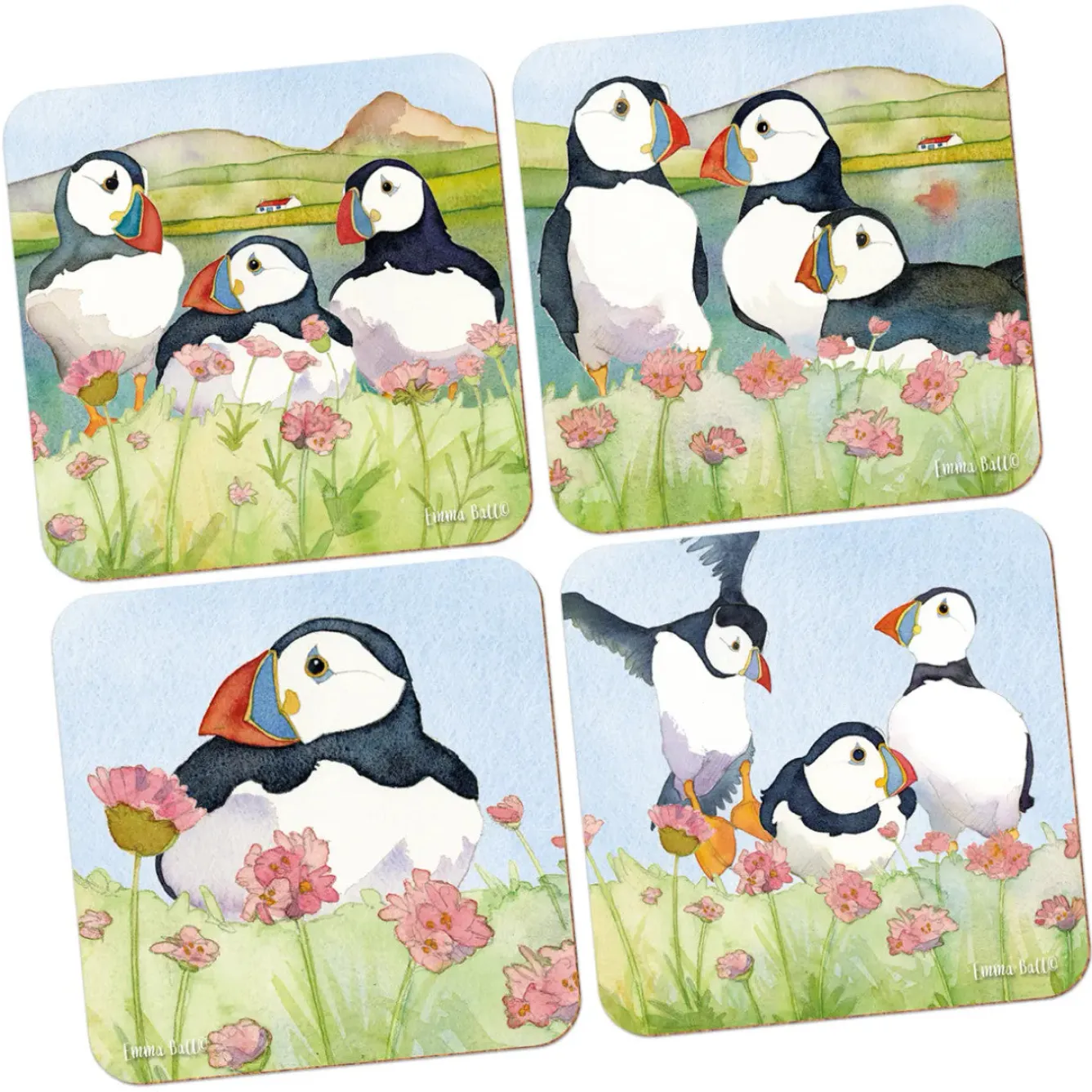 Emma Ball Coasters-Sea Thrift Puffins Coasters- Set of 4