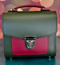 Zatchels Bags-Handmade Leather Sugarcube Plus Handbag - Ivy Green with Oxblood Contrast